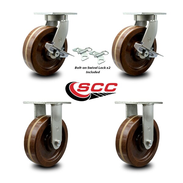 Service Caster 10 Inch Heavy Duty High Temp Phenolic Caster Swivel Lock and Brake 2 Rigid, 2PK SCC-KP92S1030-PHRHT-SLB-BSL-2-R-2 - main